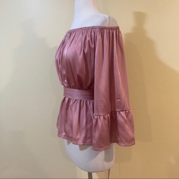 Off Shoulder Mauve Satin Tie Waist Blouse - Picture 5 of 6